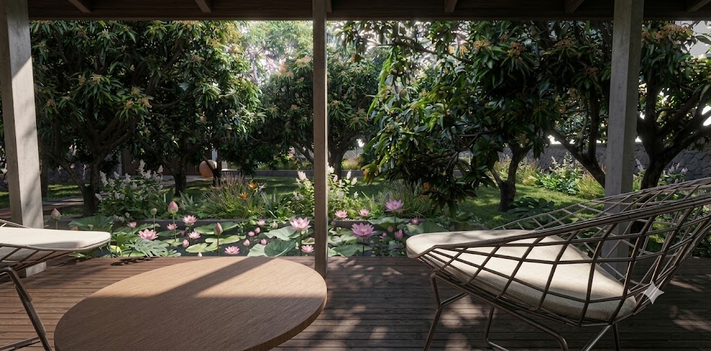A shaded terrace looking into landscaped greenery